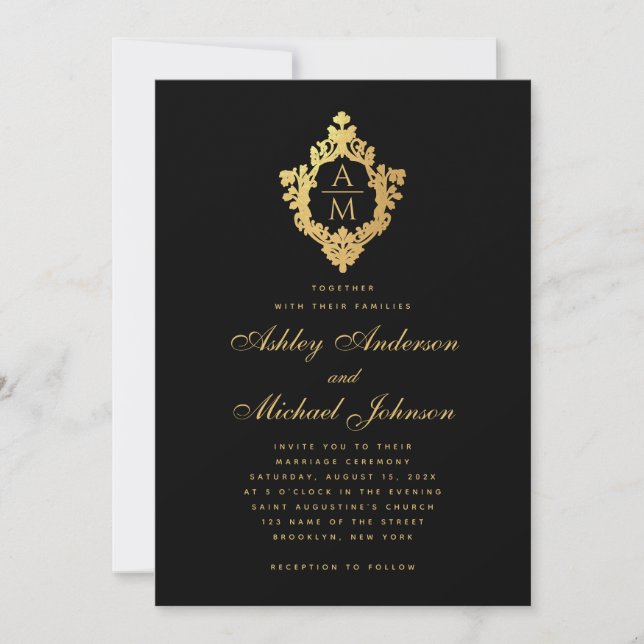 Wedding Monogram Black Faux Gold Vintage Crest  Invitation (Front)