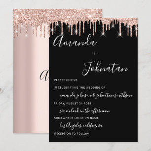Wedding Monogram Black Rose Gold Drips Invitation