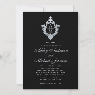 Wedding Monogram Black Vintage Crest Calligraphy  Invitation