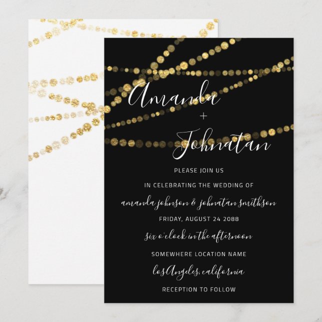 Wedding Monogram Black White Lights Gold New Trend Invitation (Front/Back)