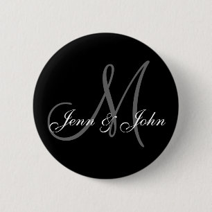 Wedding Monogram Bride Groom Names Black Button