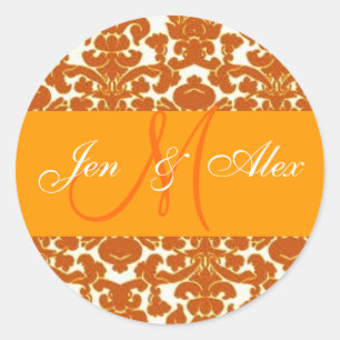 Wedding Monogram Bride Groom Orange Damask Sticker
