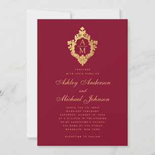 Wedding Monogram Burgundy Faux Gold Vintage Crest Invitation