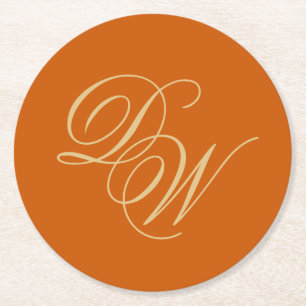 Wedding Monogram Burnt Orange 2 Initials Script Round Paper Coaster