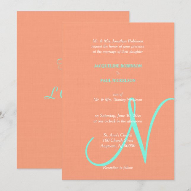 Wedding Monogram Cantaloupe Blue  Invitation (Front/Back)