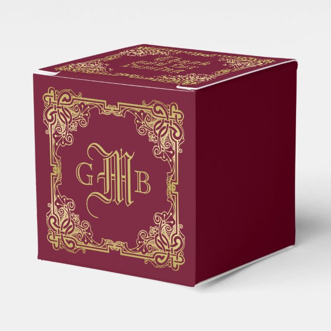 Wedding Monogram Classic Gold Frame Burgundy Favour Box (Front Side)