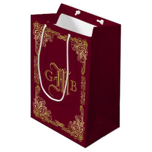 Wedding Monogram Classic Gold Frame Burgundy Medium Gift Bag