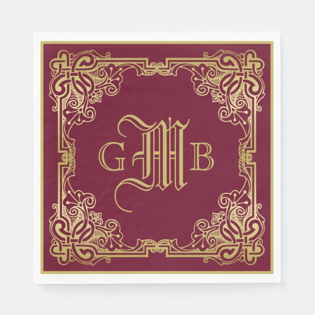 Wedding Monogram Classic Gold Frame Burgundy Napkin (Front)