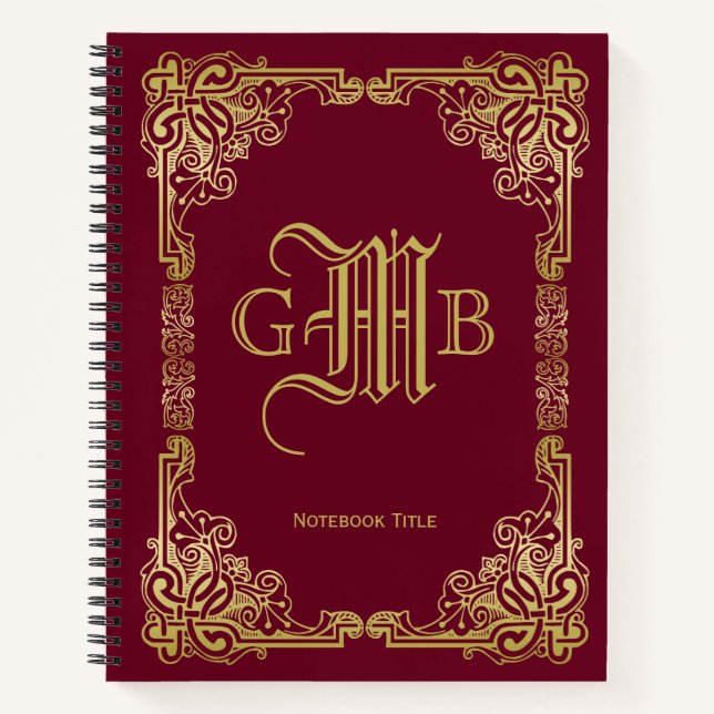 Wedding Monogram Classic Gold Frame Burgundy Notebook (Front)