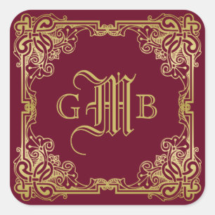 Wedding Monogram Classic Gold Frame Burgundy Square Sticker