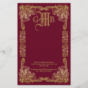 Wedding Monogram Classic Gold Frame Burgundy Stationery