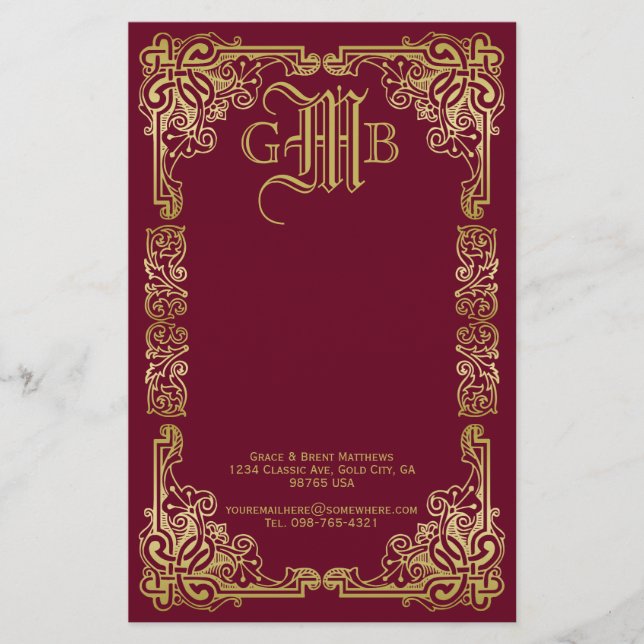 Wedding Monogram Classic Gold Frame Burgundy Stationery (Front)