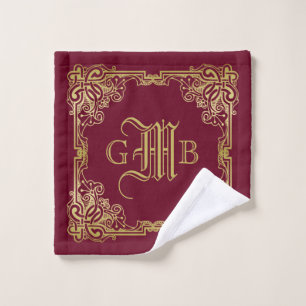 Wedding Monogram Classic Gold Frame Burgundy Wash Cloth