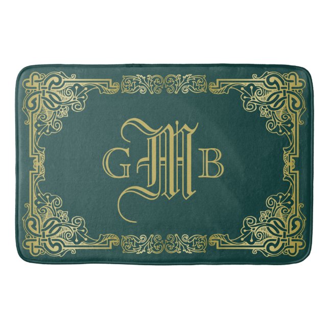 Wedding Monogram Classic Gold Frame Dark Green Bath Mat (Front)
