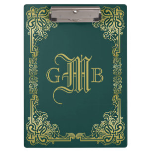 Wedding Monogram Classic Gold Frame Dark Green Clipboard