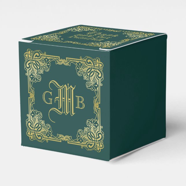 Wedding Monogram Classic Gold Frame Dark Green Favour Box (Front Side)