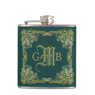 Wedding Monogram Classic Gold Frame Dark Green Hip Flask