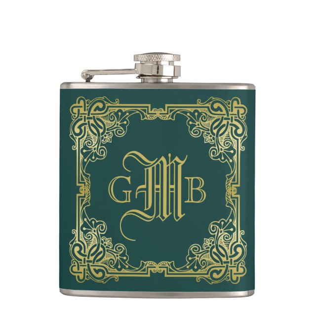 Wedding Monogram Classic Gold Frame Dark Green Hip Flask (Front)