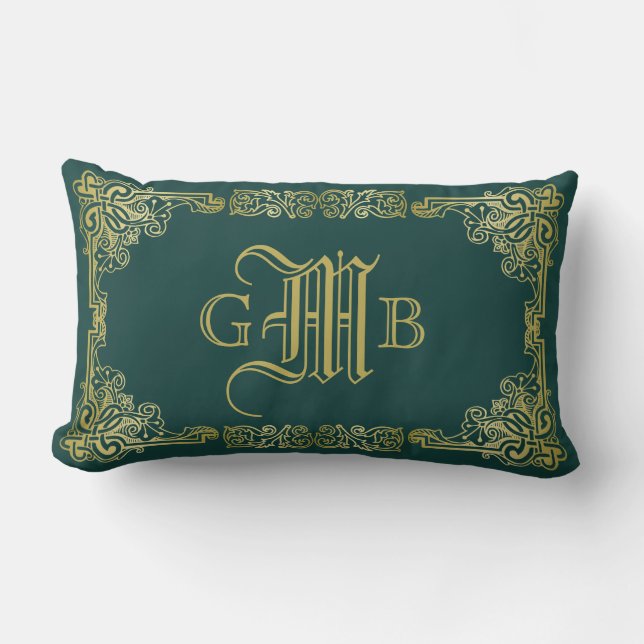 Wedding Monogram Classic Gold Frame Dark Green Lumbar Cushion (Front)