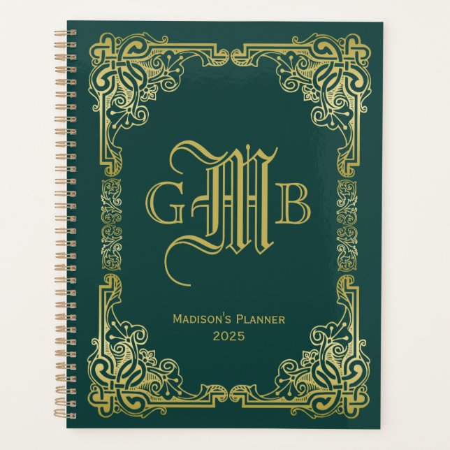 Wedding Monogram Classic Gold Frame Dark Green Planner (Front)