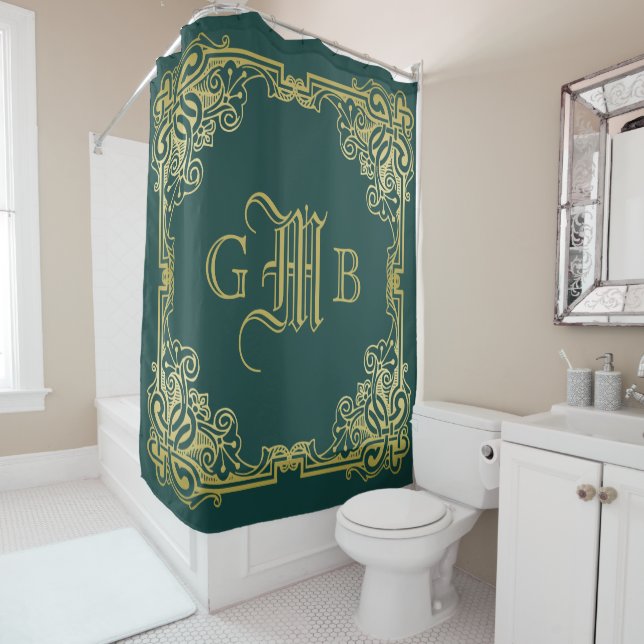 Wedding Monogram Classic Gold Frame Dark Green Shower Curtain (In Situ)