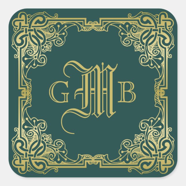 Wedding Monogram Classic Gold Frame Dark Green Square Sticker (Front)