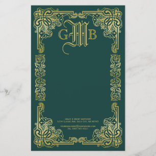 Wedding Monogram Classic Gold Frame Dark Green Stationery