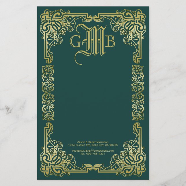 Wedding Monogram Classic Gold Frame Dark Green Stationery (Front)