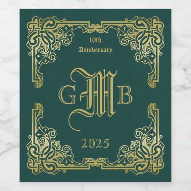 Wedding Monogram Classic Gold Frame Dark Green Wine Label (Single Label)