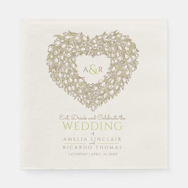 Wedding monogram cream tulip wreath ink drawing napkin (Front)