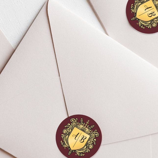 Wedding Monogram Crest Gold  Classic Round Sticker (Creator Uploaded)