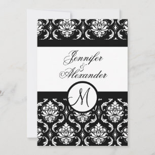 Wedding Monogram Damask Black & White Invitation
