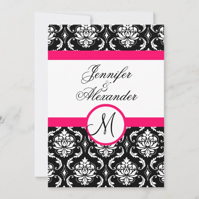 Wedding Monogram Damask Hot Pink Invitation Front (Front)