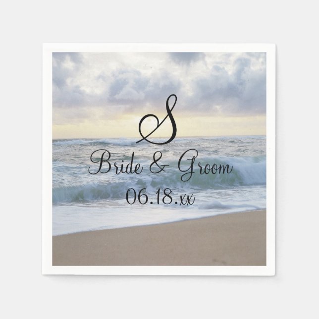 Wedding Monogram Date Names Scenic Beach Paper Nap Napkin (Front)