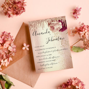 Wedding Monogram Drips Florals Marsala Rose Burgun Invitation