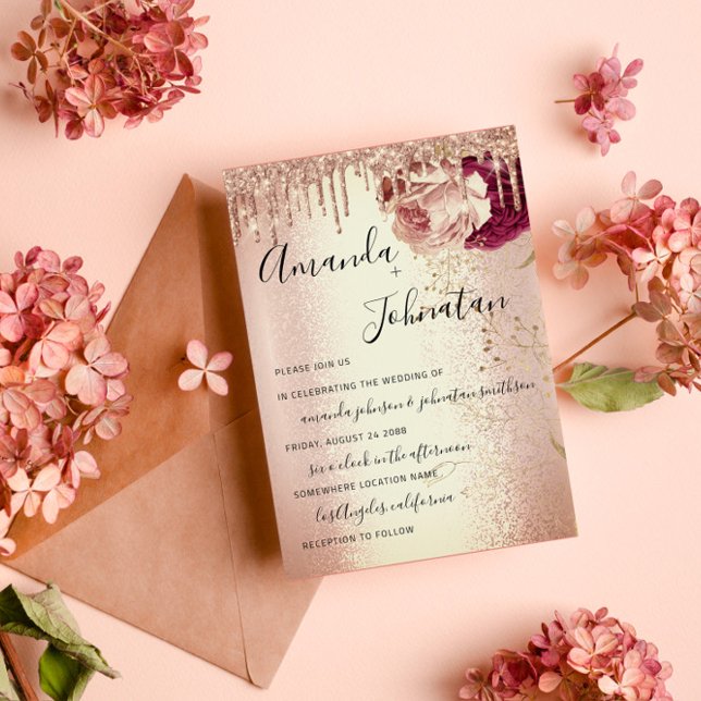 Wedding Monogram Drips Florals Marsala Rose Burgun Invitation (Wedding Monogram Drips Florals Marsala Rose Burgun Invitation)