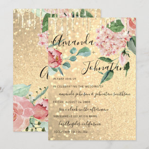 Wedding Monogram Drips Florals Mint Glitter Gold Invitation