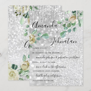 Wedding Monogram Drips Florals Mint Glitter Silver Invitation