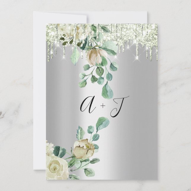 Wedding Monogram Drips Florals Mint Green Silver Invitation (Back)