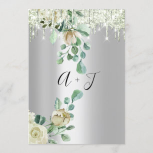 Wedding Monogram Drips Florals Mint Green Silver Invitation