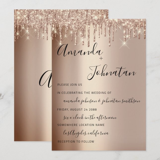 Wedding Monogram Drips Sparkly Glitter Rose Gold Invitation (Front/Back)