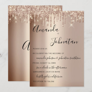 Wedding Monogram Drips Sparkly Glitter Rose Gold Invitation