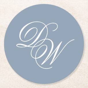 Wedding Monogram Dusty Blue Elegant Script Simple  Round Paper Coaster