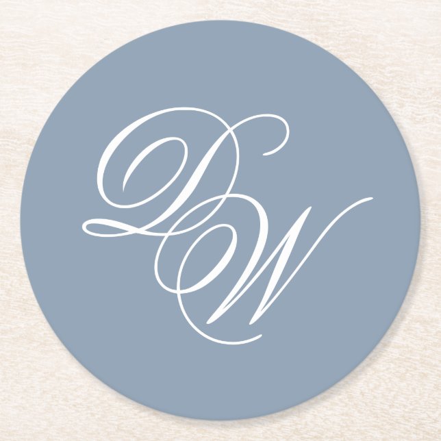 Wedding Monogram Dusty Blue Elegant Script Simple  Round Paper Coaster (Front)