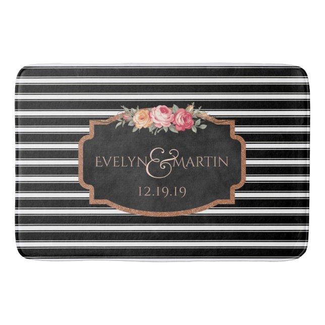 Wedding Monogram | Elegant Black Stripe Bath Decor Mat (Front)