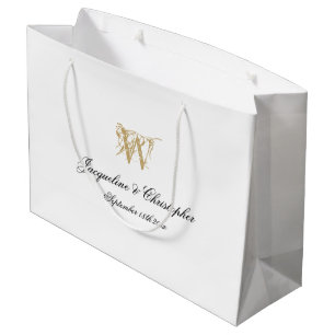 Wedding Monogram Elegant Chic White Gold Classy  Large Gift Bag