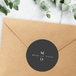 Wedding Monogram Elegant Minimal Stylish Black Classic Round Sticker<br><div class="desc">A minimalist monogram wedding design with elegant typography in white on a black background. The text can easily be personalised for your special day!</div>