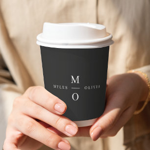 Wedding Monogram Elegant Minimal Stylish Black Paper Cups