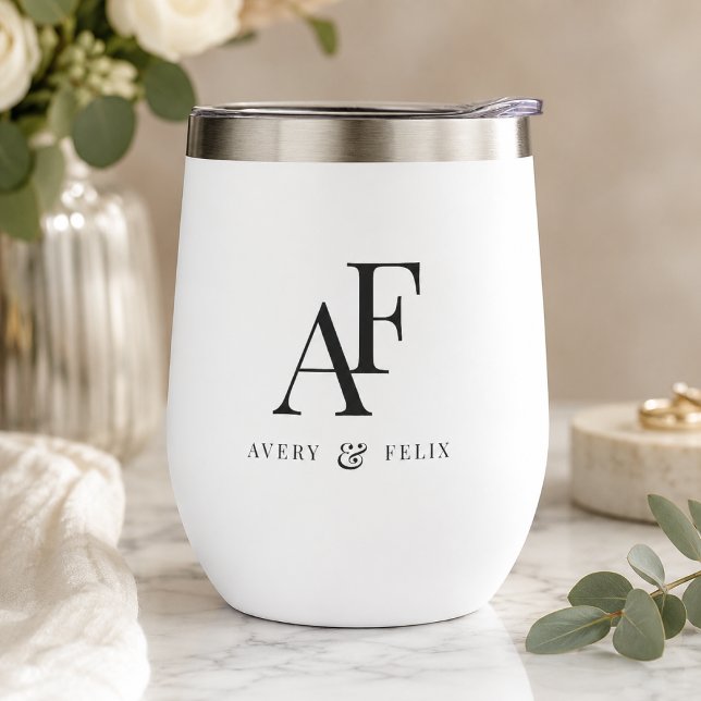 Wedding Monogram Elegant Simple Minimalist (Personalized wedding monogram thermal wine tumbler for couples toasts and gift giving.)