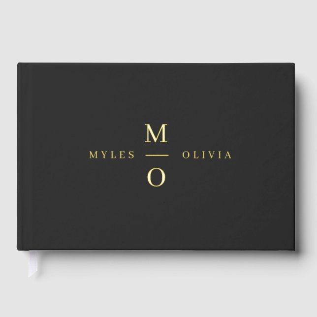 Wedding Monogram Elegant Stylish Black and Gold Guest Book (Front)